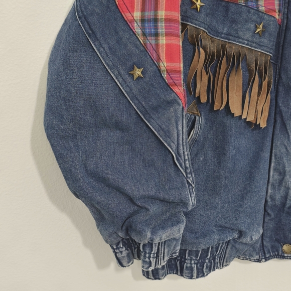 Hot Spices Vintage Denim & Plaid Western Fringe Jacket - Picture 4 of 10